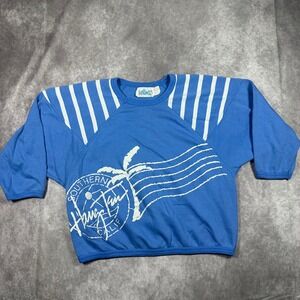 VTG Hang Ten SoCal Surf Graphic Sweatshirt Mens M Blue Striped USA Made 80s 90s